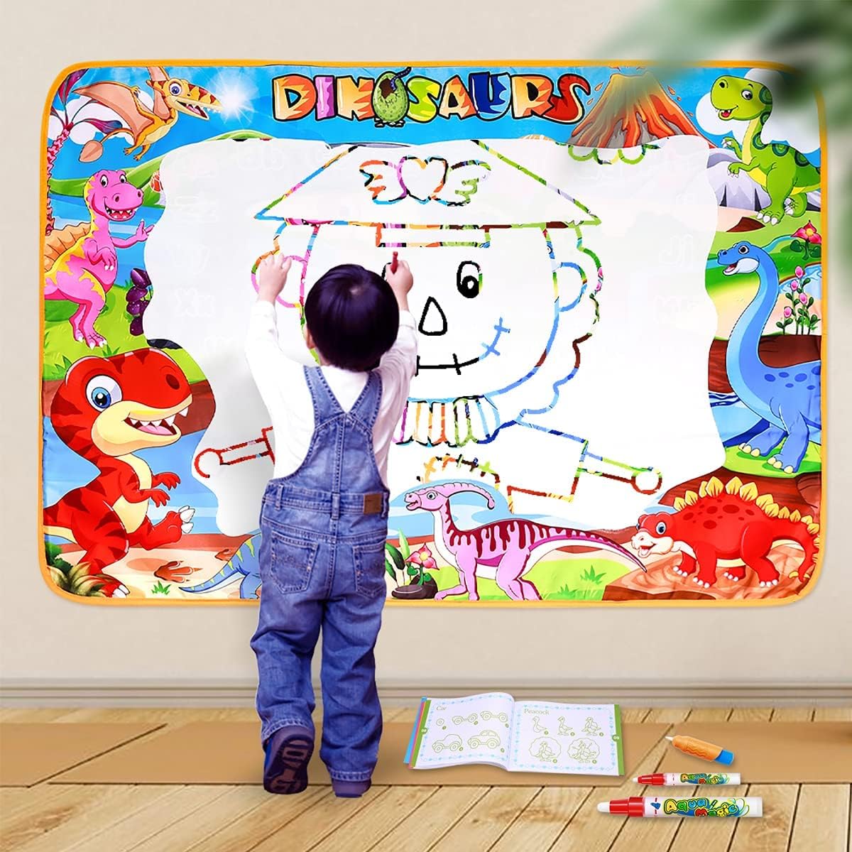 ALLCELE Wasser Doodle Matte Kinder ab 1 2 3 4 5 6 7 Jahre, Jungen Madchen Kinder Geschenke für Spielzeug 100 X 70cm Maltafel Dinosaurier Spielzeug