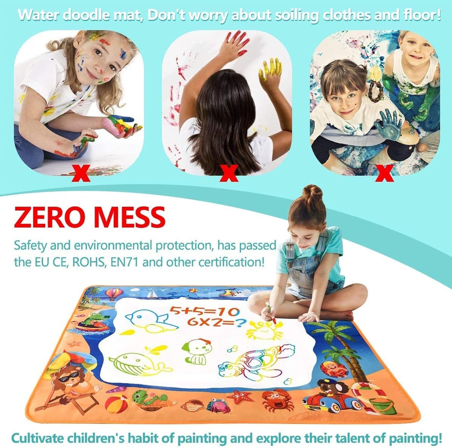 ALLCELE Aqua Wasser Doodle Matte ab 1 2 3 4 5 6 Jahre alt Junge Mädchen, Magic Doodle Malmatte 100 * 70cm XL Drawing Painting Matte für Kinder Baby Toddler
