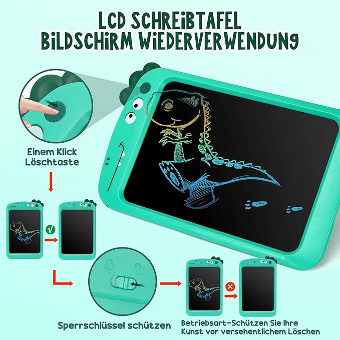 ALLCELE LCD Schreibtafel Kinder Spielzeug ab 2 3 4 5 6 Jahre alt Junge Mädchen, 8,5 Zoll Bildschirm LCD Zaubertafel Maltafel Dinosaurier Spielzeug, Weihnachten Geburtstags Geschenke (Grün)