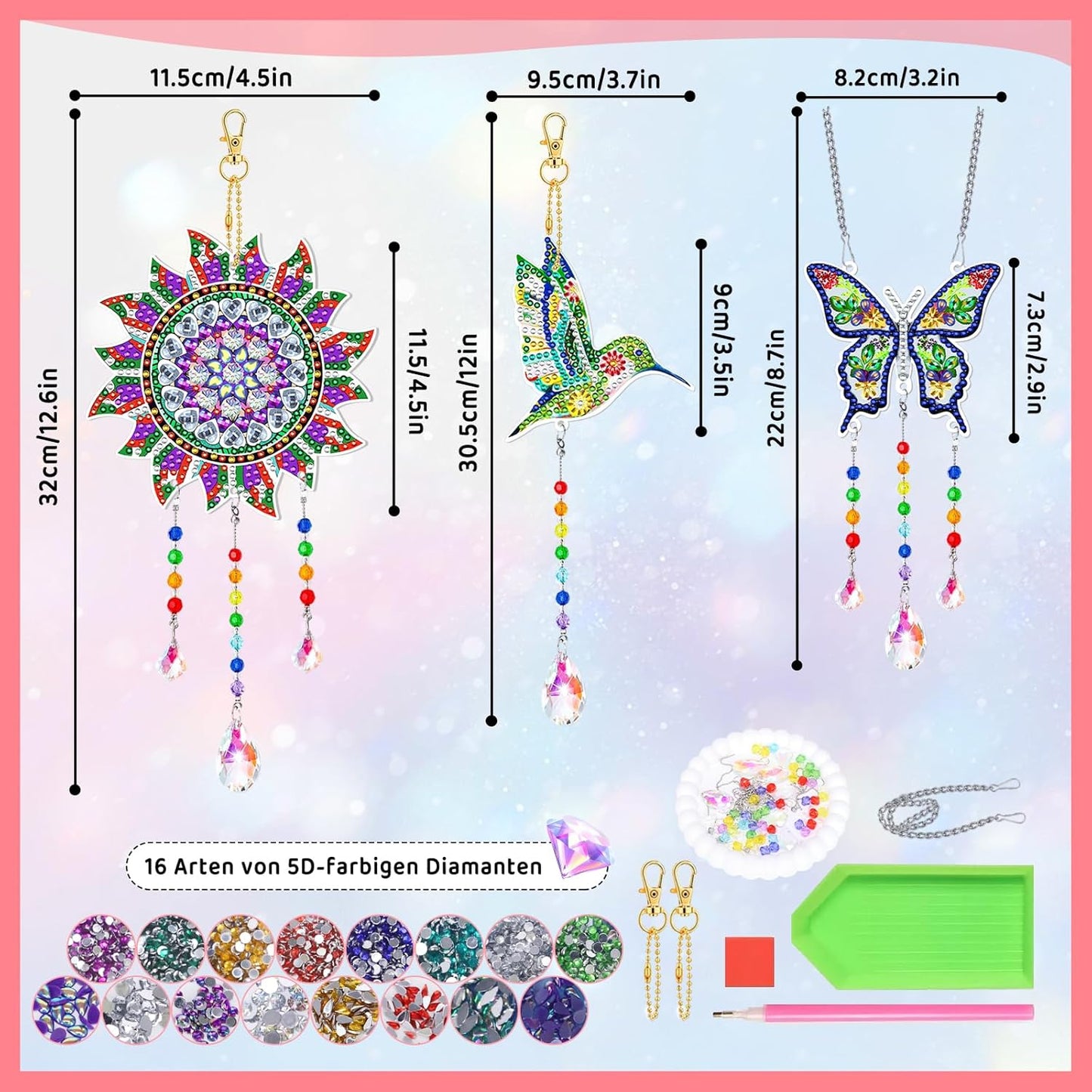 Diamond Painting Kinder Bastelset Geschenk, Diamond Painting Anhänger für Mädchen 5 6 7 8 9 10 11 12 Jahre, Sonnenfänger Bastelsets Kristalle zum Aufhängen, Bastelset Kinder 5-12 Jahre