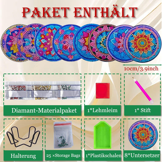 8 Stück Diamond Painting Untersetzer, Diamant Malerei Untersetzer mit Halter, untersetzer gläser, mit Diamanten und Montagewerkzeuge fur Tassen,Vasen, Kerzen Dekoratio