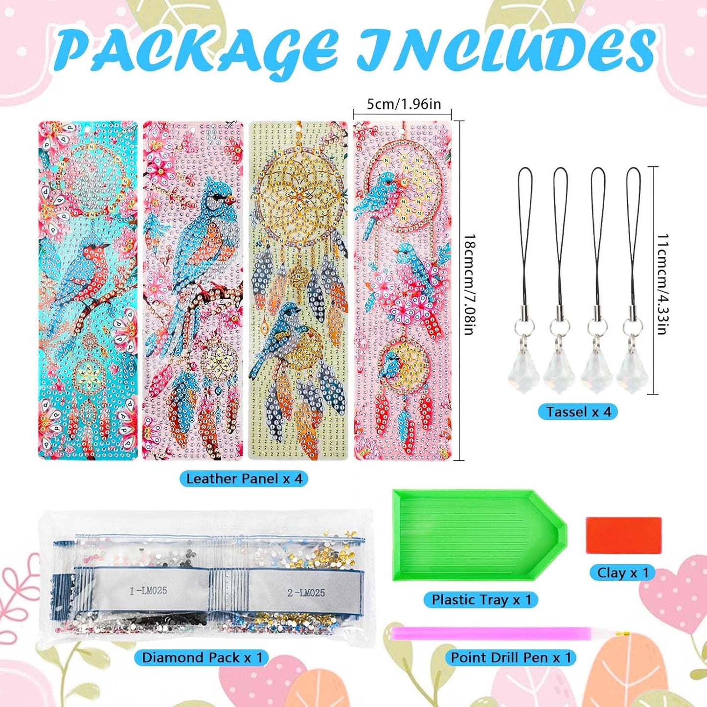 4 Stück Blumen Vögel Diamant Malerei Lesezeichen Kits,5D Diamant Painting Bookmark mit Quasten,DIY Traumfänger Buchmarken für Kunsthandwerk Geschenk