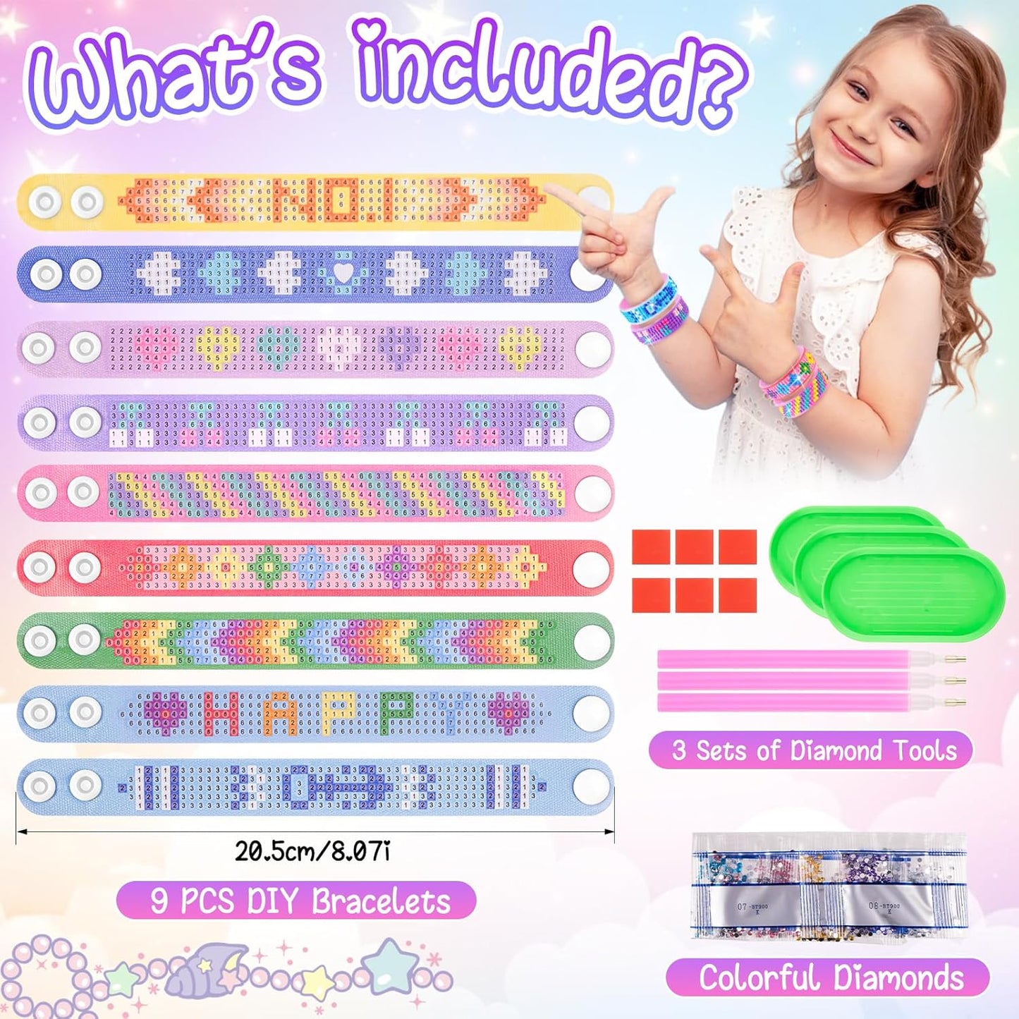 9 Stück Diamond Painting Kinder Armbänder, Geschenk Mädchen 6 7 8 9 10 Jahre, Diamant Kunst Armband Set, Armbänder Selber Machen Einhorn, DIY Diamond Painting Bastelset Kinder ab 6 Jahr(B)