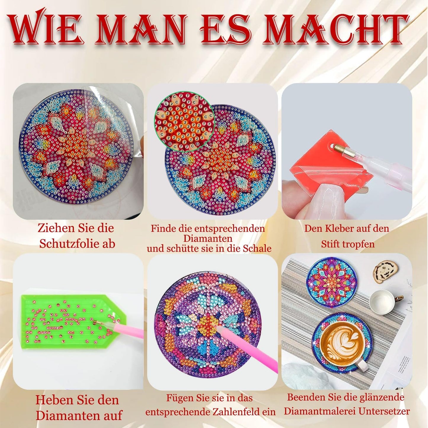 8 Stück Diamond Painting Untersetzer, Diamant Malerei Untersetzer mit Halter, untersetzer gläser, mit Diamanten und Montagewerkzeuge fur Tassen,Vasen, Kerzen Dekoratio