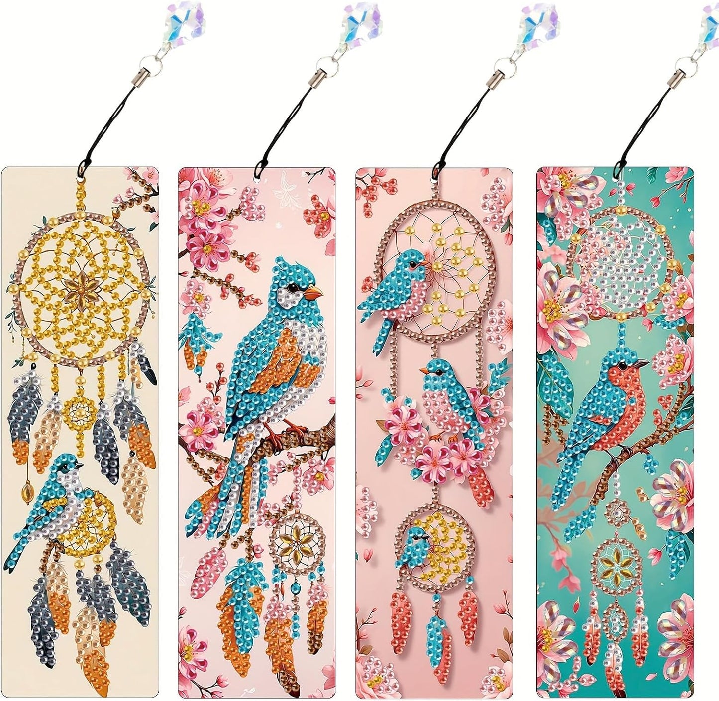 4 Stück Blumen Vögel Diamant Malerei Lesezeichen Kits,5D Diamant Painting Bookmark mit Quasten,DIY Traumfänger Buchmarken für Kunsthandwerk Geschenk